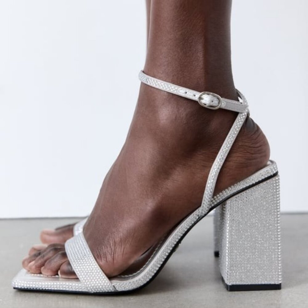 Zara Silver Block Heel Rhinestone Sandals
